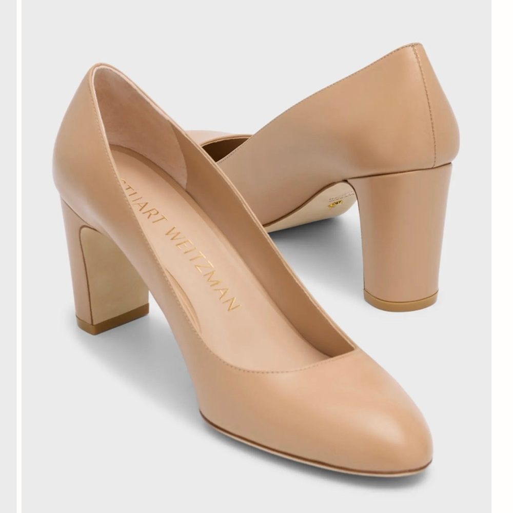 Stuart Weitzman 75 "Vida" calf leather block heel pumps in tan
